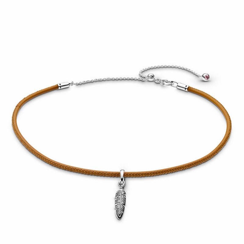 Pandora Golden Tan Leather Choker & Feather - Sterling Silver/Leather/Brown/Cubic Zirconia - Canada